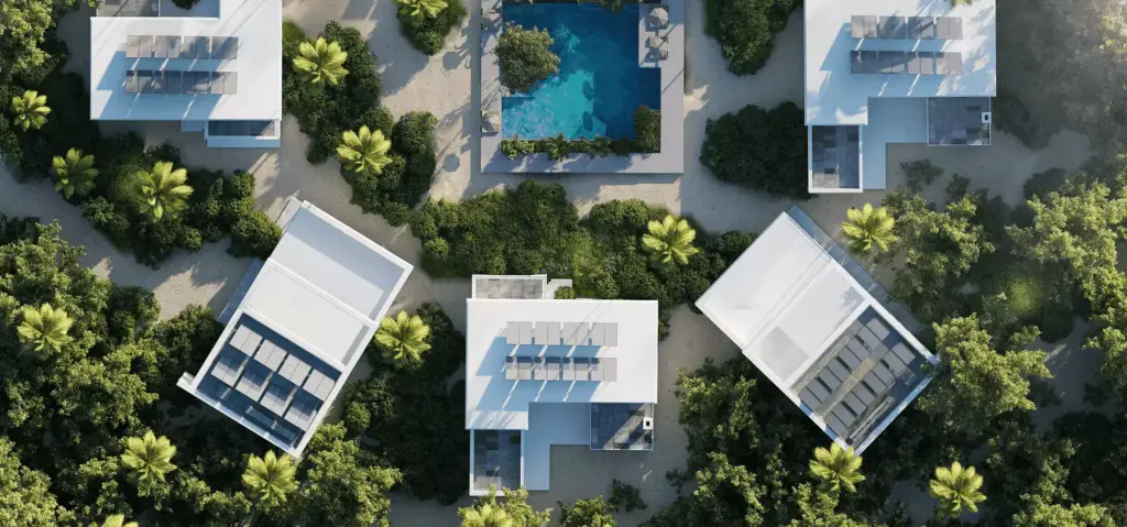 3D-hotelrender van het resort met villa’s, centraal zwembad, paden en dichte tropische begroeiing
