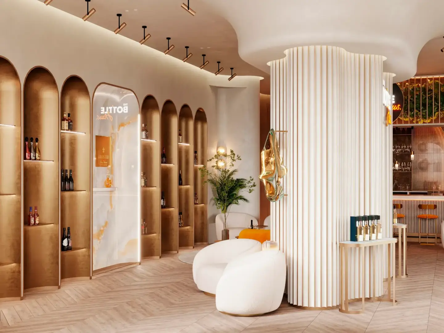 Curved retail interior with shelves and sculptural columns, 3D interior rendering services sample