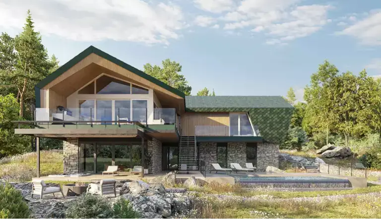 Retreat house design rear facade with twin volumes, terraces, stone base, and outdoor pool