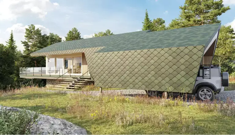 Retreat house design side view with green roof cladding, glass balcony, and parked vehicle