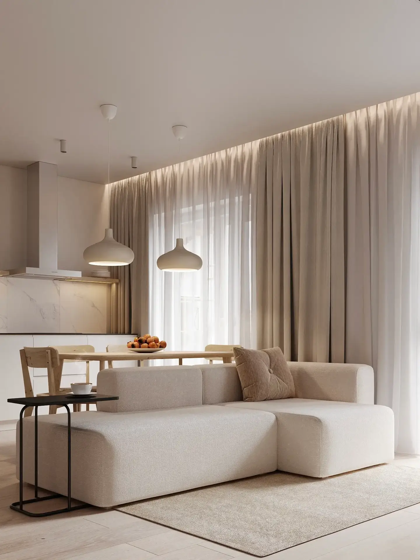 What Is Scandinavian Style? Key Characteristics and Design Ideas Scandinavian style living room with cream sofa, dining table, pendant lights, and sheer curtains