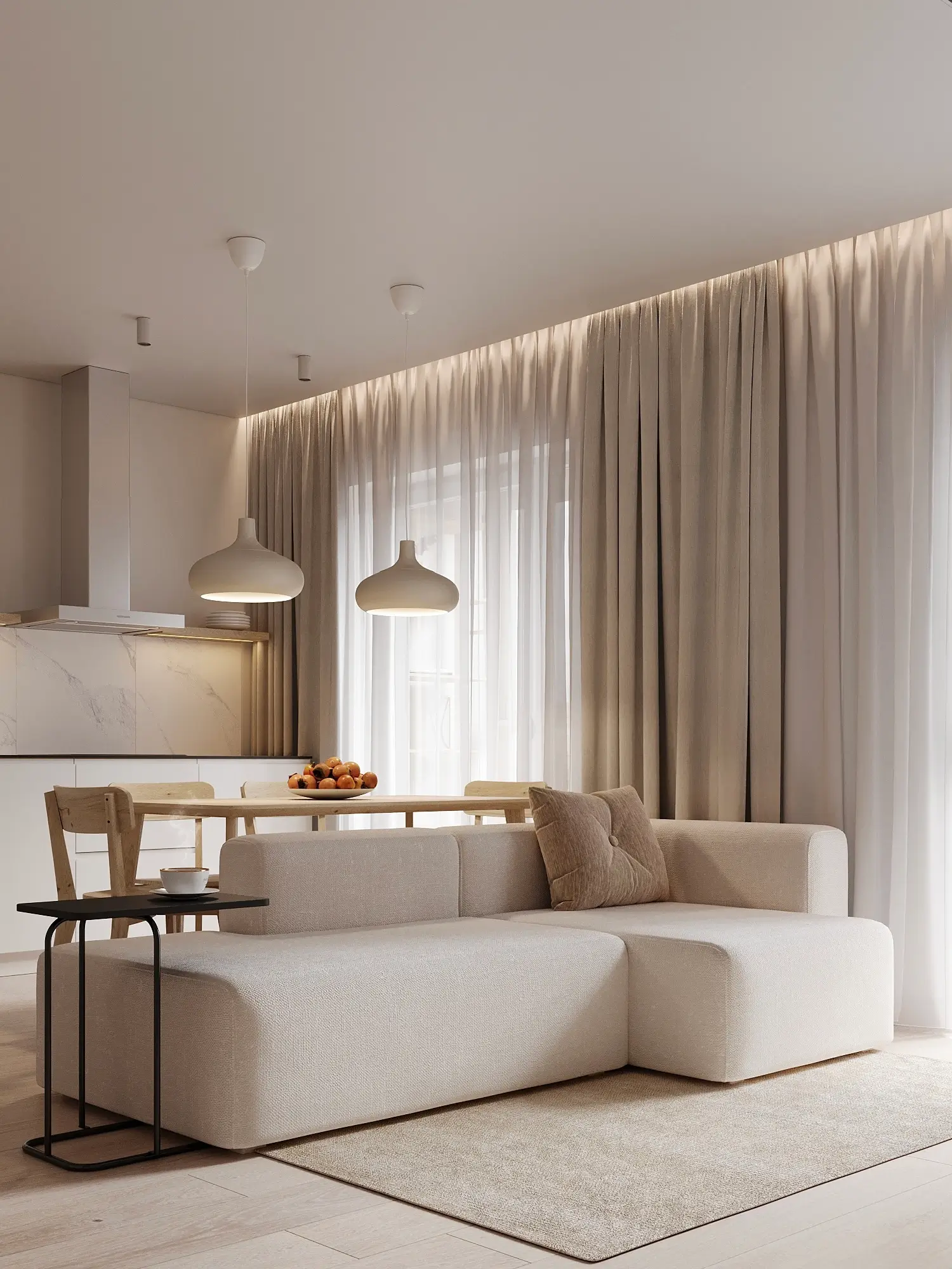 Scandinavian style living room with cream sofa, dining table, pendant lights, and sheer curtains