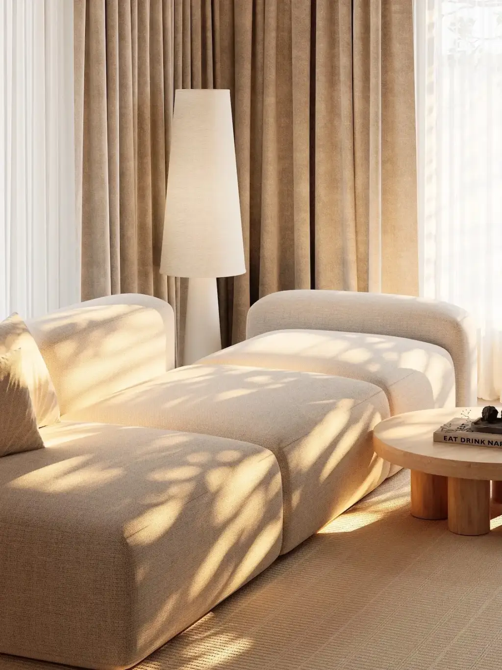 What Is Scandinavian Style? Key Characteristics and Design Ideas Scandinavian style lounge chairs with round wood table, tall floor lamp, and warm window light