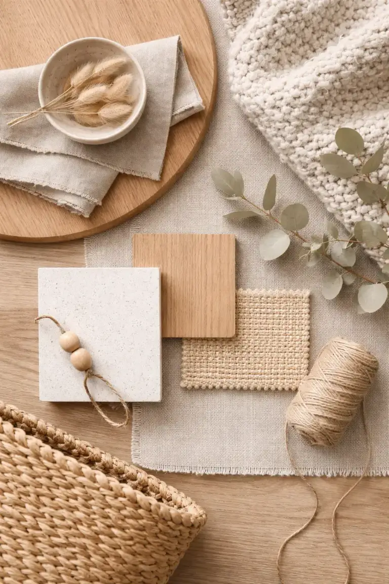 Materiaalstalen op een eiken tafel: eikenfineer, een lichte natuursteentegel, jute en boucléweefsel, linnen doeken, een tak eucalyptus en een bol touw
