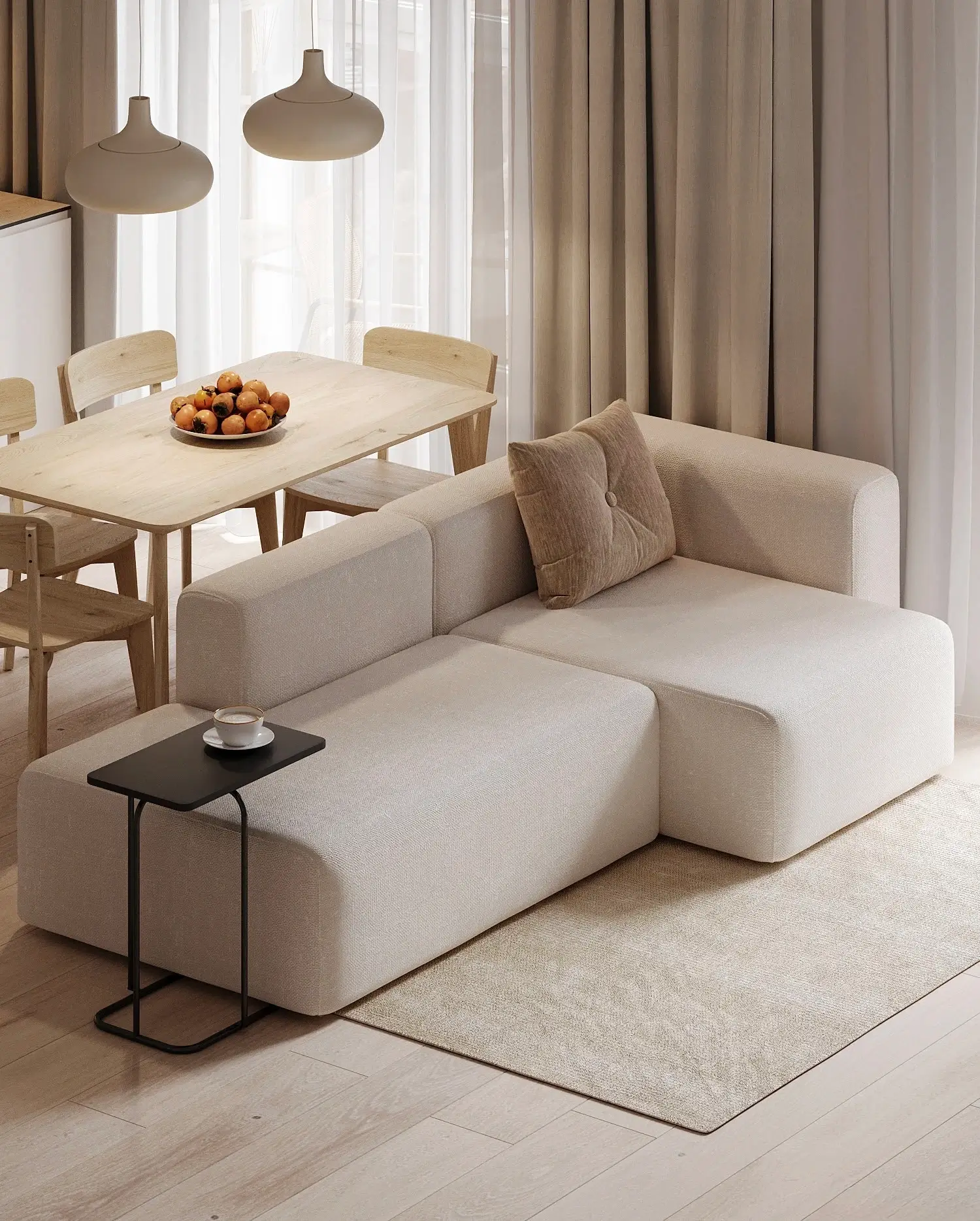 Scandinavian style sofa beside black side table, with pale rug and dining nook in soft light