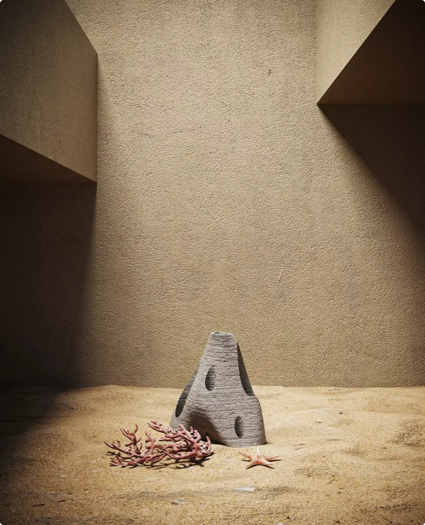 Modélisation 3D de sculpture : volume perforé aux textures stratifiées, posé sur le sable près d'un corail rouge et d'une étoile de mer
