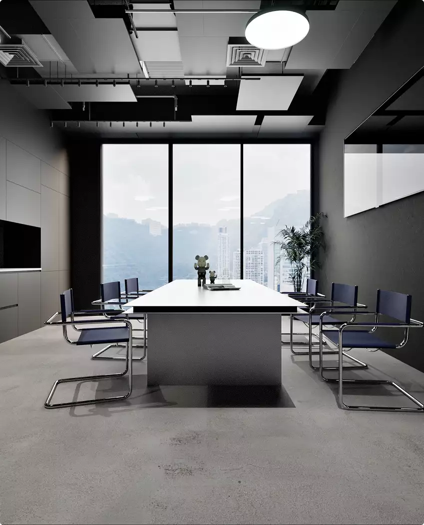 Sala de reuniones en un render de rascacielos con mesa larga, sillas, techo oscuro y un gran ventanal con vistas a la ciudad.