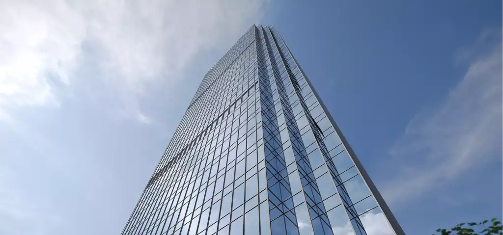 Torre de vidrio en un render de rascacielos vista desde abajo contra el cielo azul, con fachada reflectante y líneas verticales.