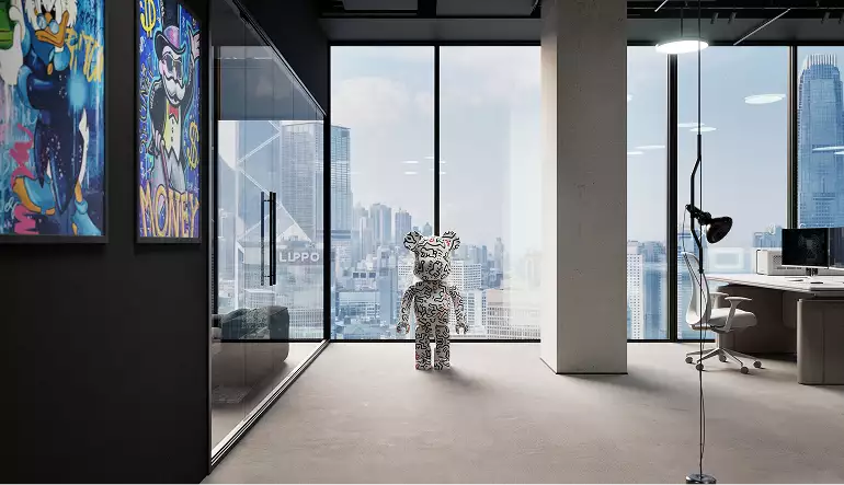 Vestíbulo de oficinas en un render de rascacielos con muro de vidrio, paneles artísticos, escultura de oso y el skyline al fondo.