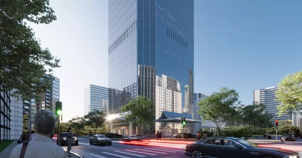 Esquina urbana en un render de rascacielos con torre de vidrio, coches, árboles, paso de peatones y personas en la base.