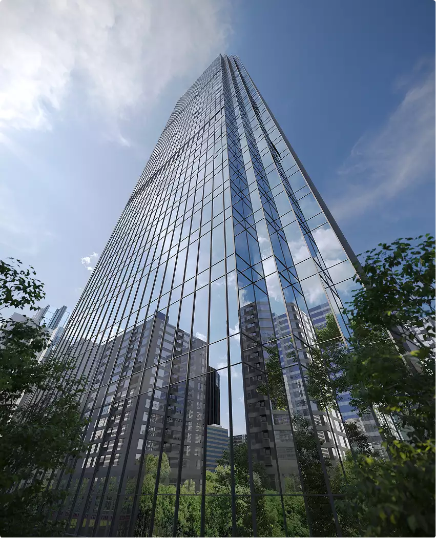 Torre de vidrio en contrapicado en renders de rascacielos con fachada espejada, árboles y edificios del entorno.