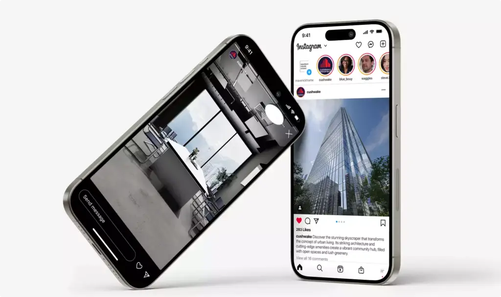Mockup de móvil con renders de rascacielos que muestran publicaciones en redes sociales con vistas del exterior de la torre y de los interiores de oficina.