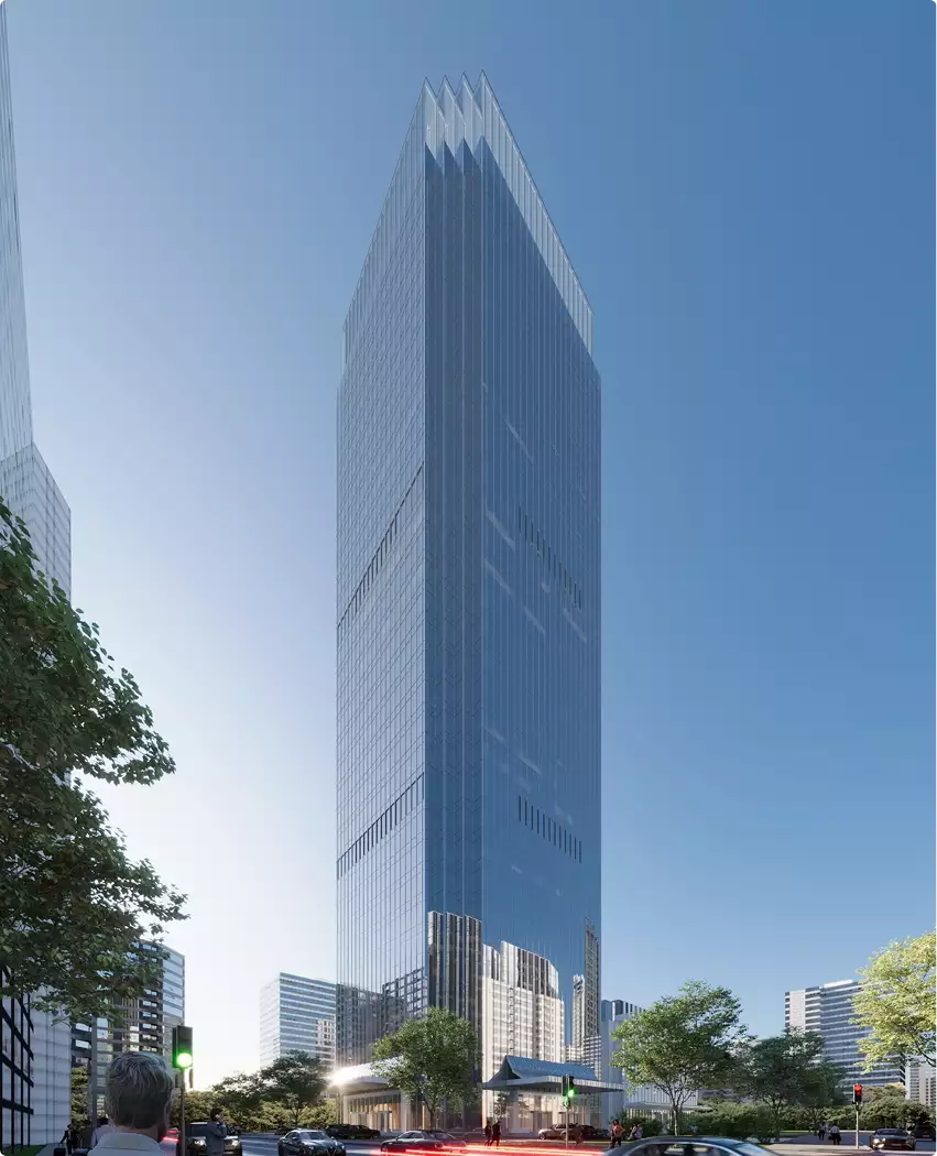 Torre de vidrio alta en renders de rascacielos sobre una calle de la ciudad con árboles, tráfico y cielo azul.