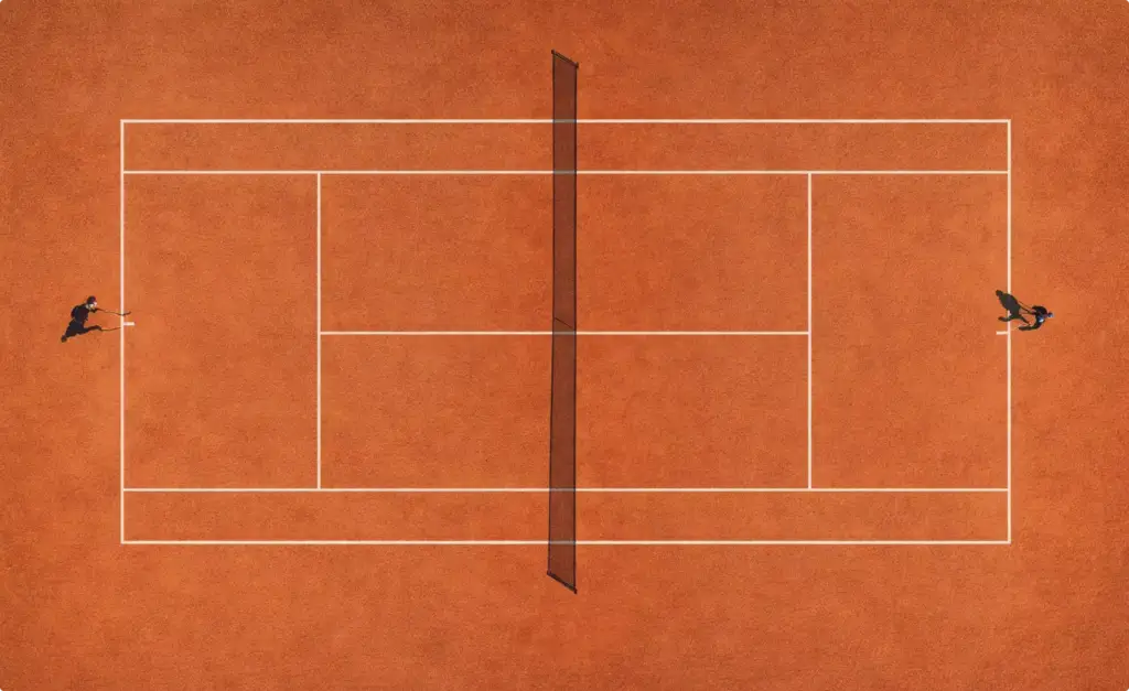 Render aereo del campo da tennis in terra battuta circondato da alberi e torri faro dell'impianto.