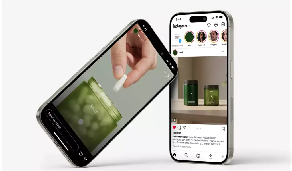 Groene supplementenpotten op een plank in een Instagram-post die de merkbeleving van het verpakkingsontwerp toont