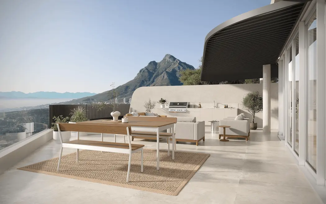 Open terrace with dining set and mountain view, exterior 3D rendering services
