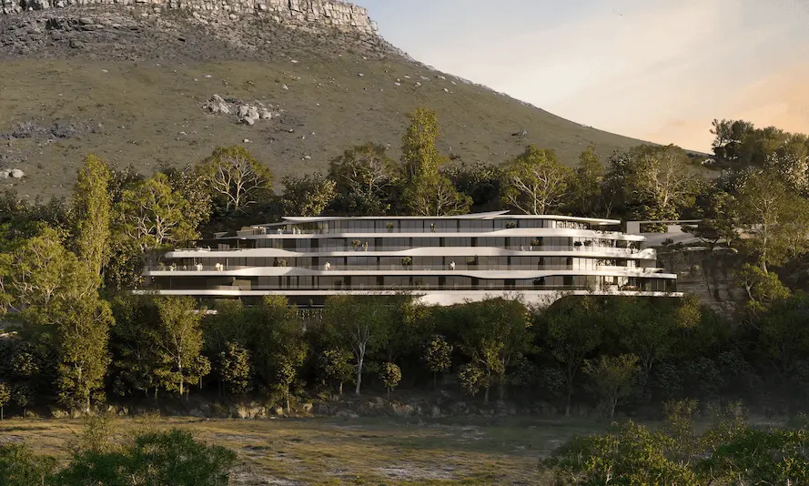 Terraced hillside building in trees, architectural rendering los angeles