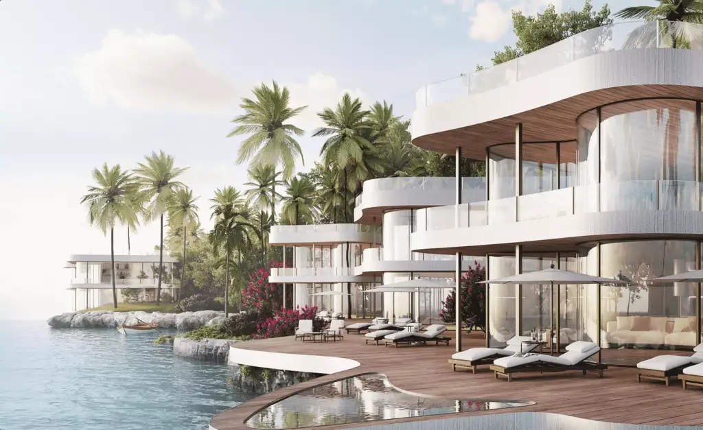 3D-hotelrender aan het water met gebogen villa’s, ligbedden op het terras, palmen en kalme zee