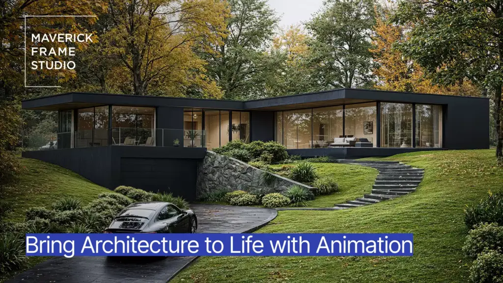 3D-animering av ett modernt svart hus med studions namn och rubrik