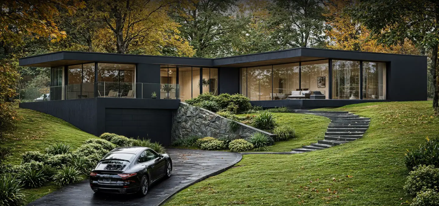 Animation 3D d'une maison moderne noire aux parois vitrées avec allée, dans une forêt d'automne