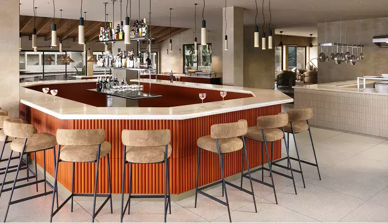 Render arquitectónico 3D del bar del hotel con taburetes, lámparas colgantes y diseño interior moderno