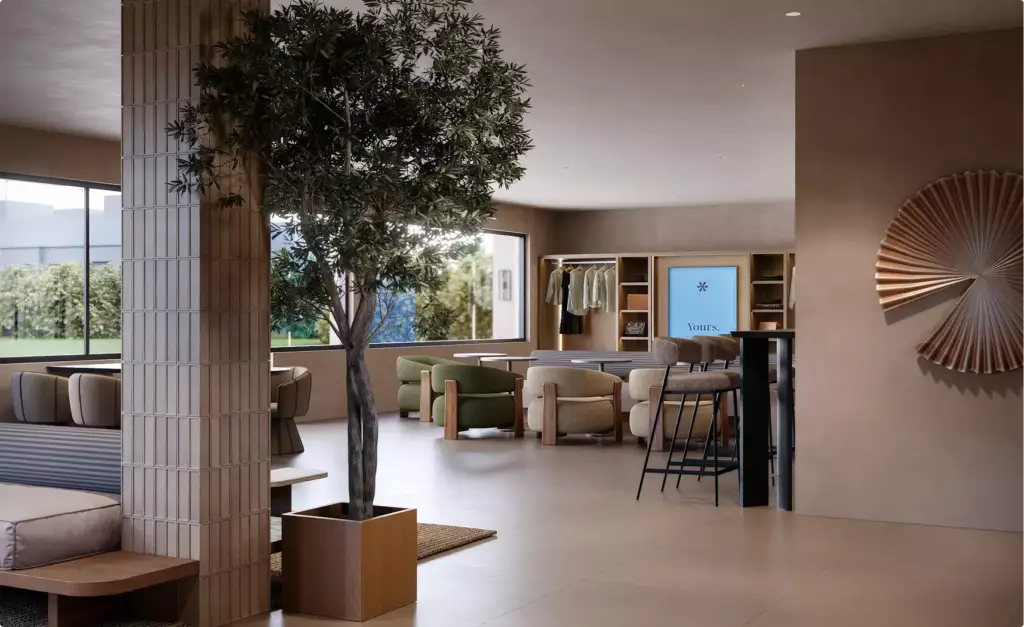 Render arquitectónico 3D del lobby del hotel con zona de asientos, árbol interior y diseño minimalista cálido