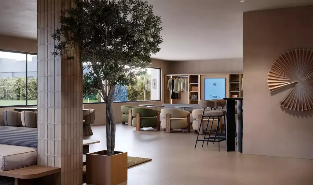 Render arquitectónico 3D del lobby del hotel con zona de asientos, árbol interior y diseño minimalista cálido