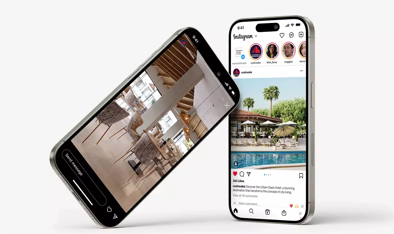 Render arquitectónico 3D de smartphones que muestran el interior del hotel y la piscina en pantallas de redes sociales