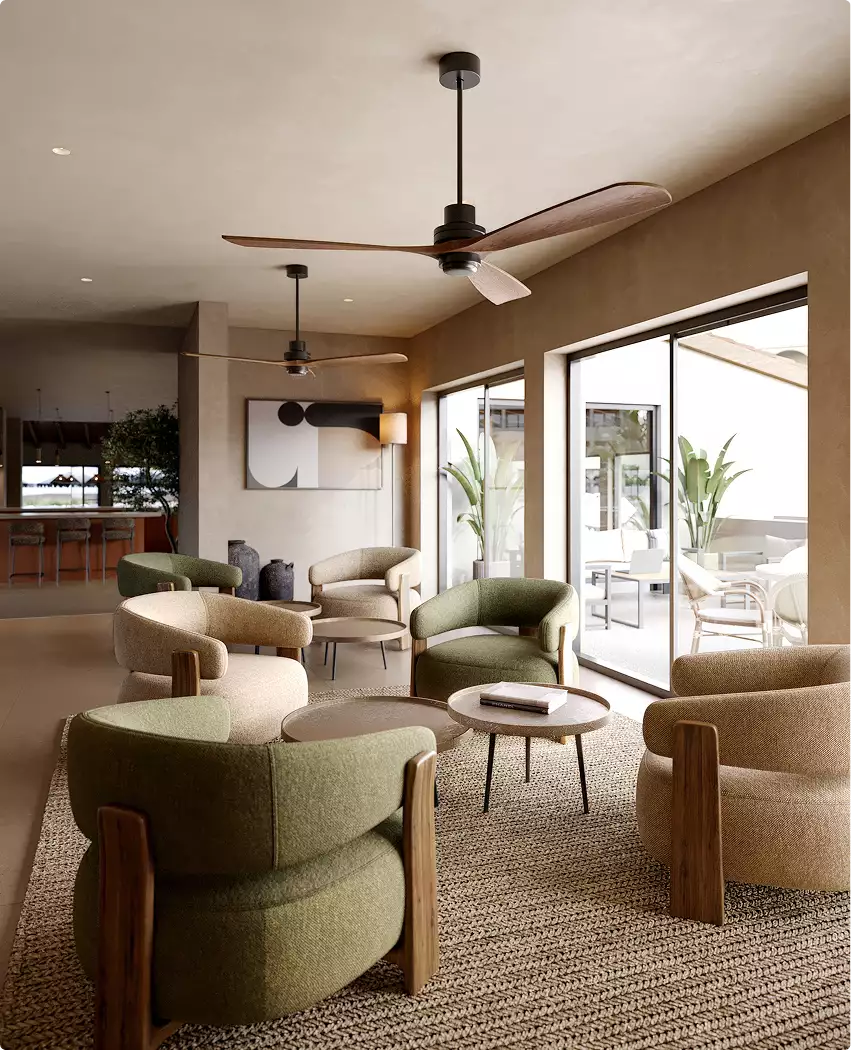 Render arquitectónico 3D de una zona de lounge con butacas, mesas y grandes ventanales