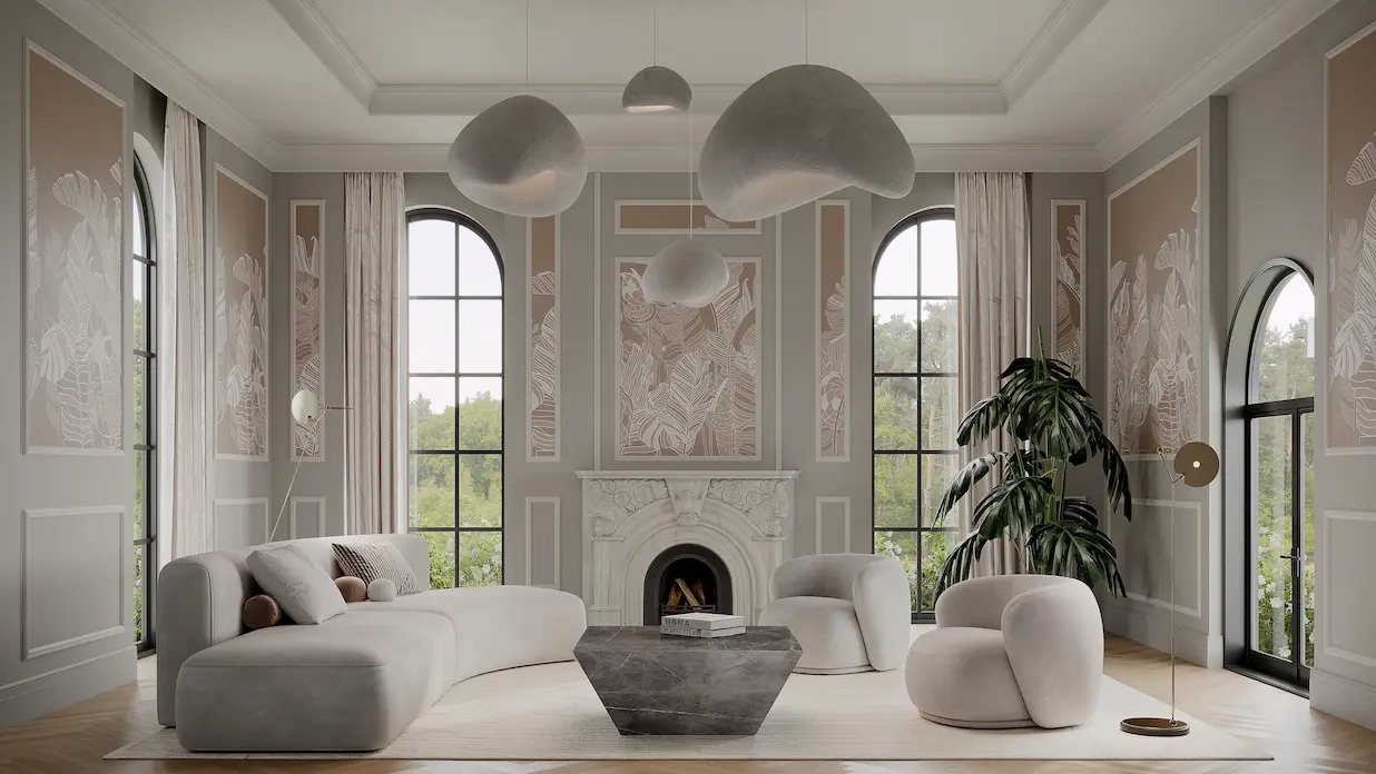 Elegant living room with arched windows and fireplace, 3D architectural rendering outsource