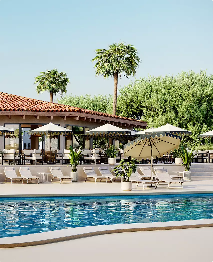 Render arquitectónico 3D de la zona de piscina con sombrillas, tumbonas y un edificio bajo de tejado de teja