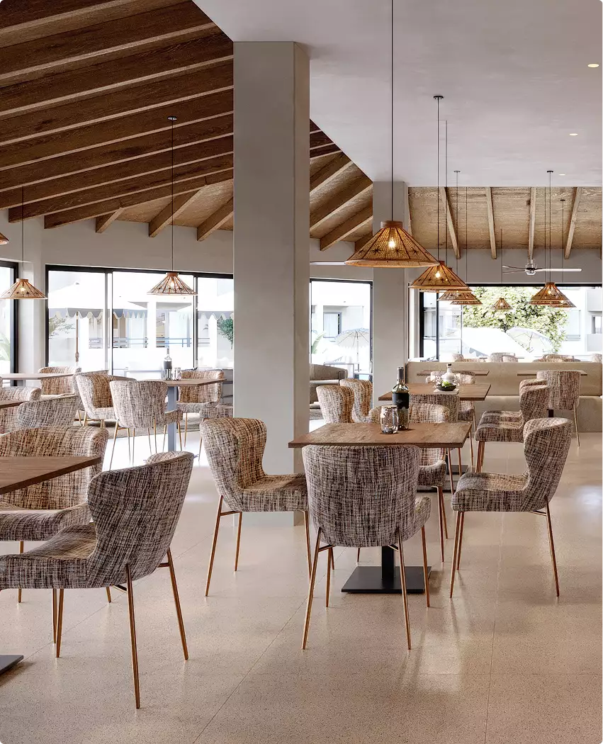 Render arquitectónico 3D del comedor del restaurante con mesas, sillas tapizadas y lámparas colgantes