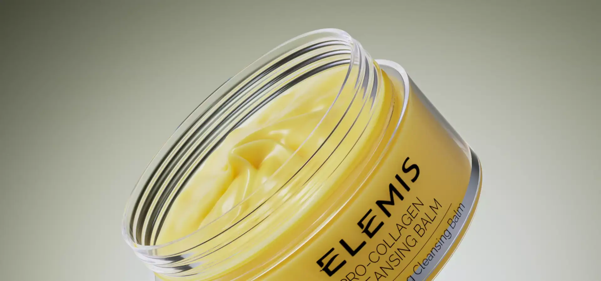 Bálsamo limpiador amarillo en tarro abierto, render 3D de cosmética en primer plano con textura suave sobre fondo neutro