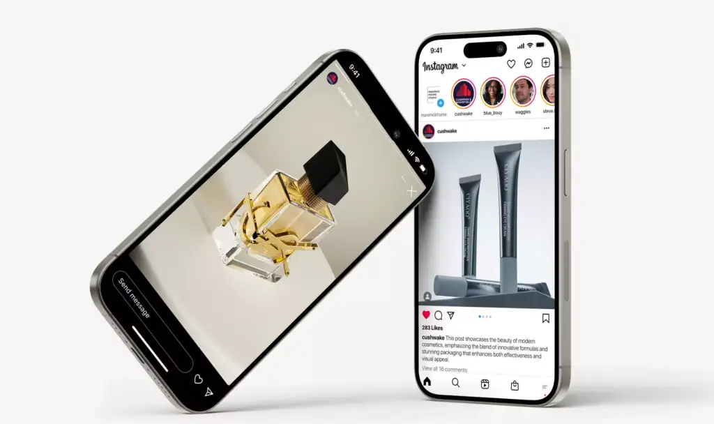 Smartphones mostrando productos de belleza en pantalla en una composición minimalista y moderna, render 3D de cosmética