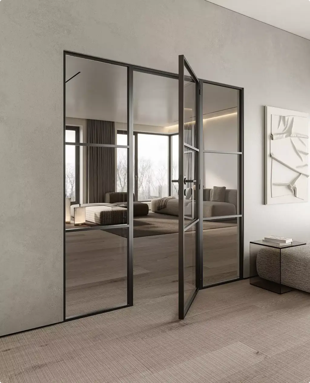 Render 3D di porte per il lancio della nuova collezione con porta a battente in vetro e telaio nero in un soggiorno moderno