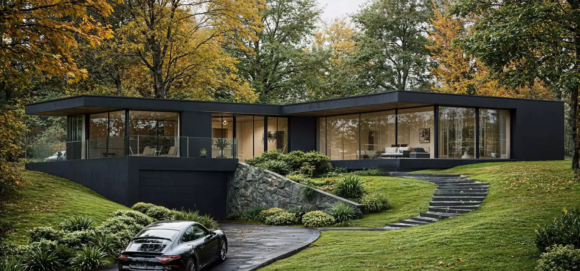 Artist impression van een zwart modern huis met glazen gevels in een herfstlandschap