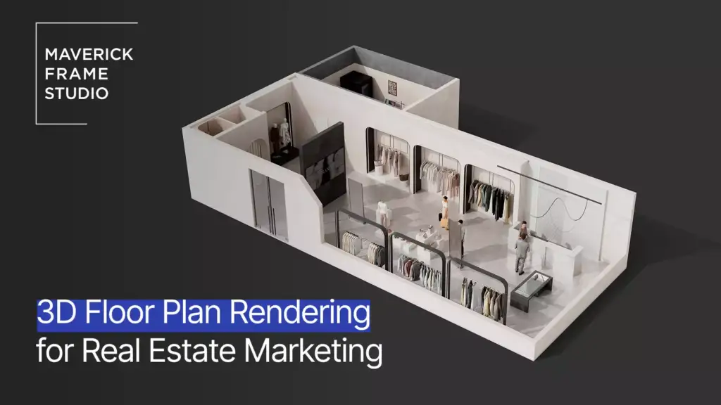 Plano 3D renderizado de un local comercial visto en planta, con el logotipo del estudio sobre la imagen