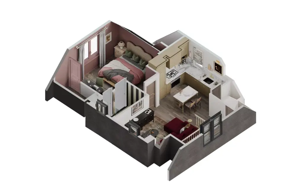 3D Floor Plan Rendering Services cutaway apartment with bedroom, kitchen, and living room