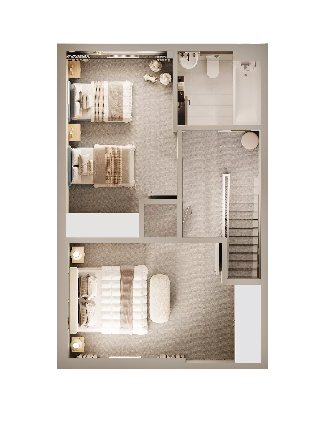 3D floor plan showing a split two-bedroom layout with bathroom and stair access
