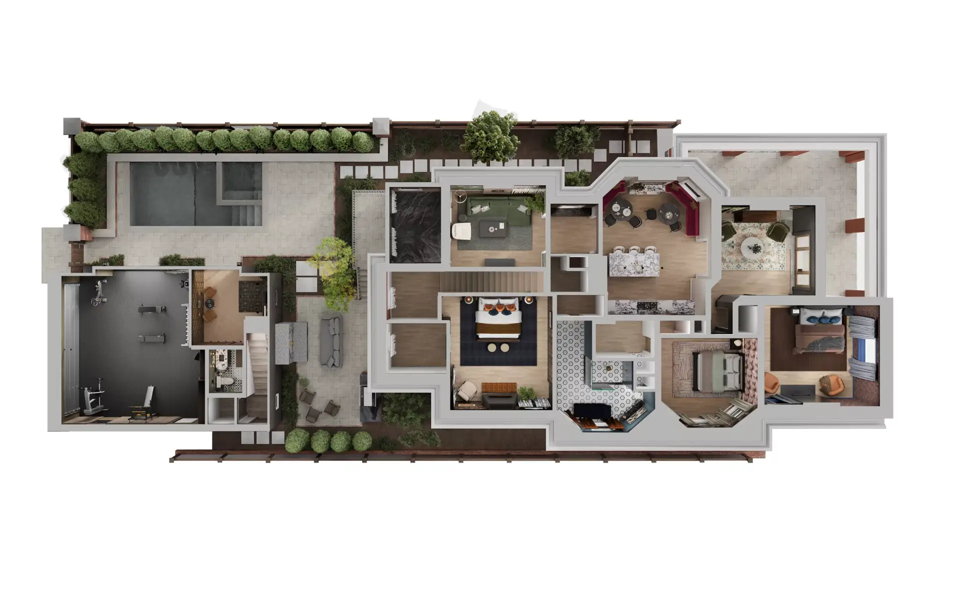 3D Floor Plan Rendering Services detailed estate floor plan with gym and outdoor areas