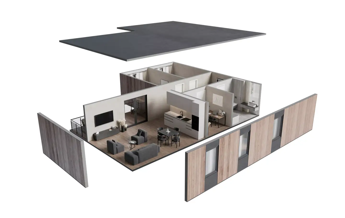 Exploded 3D floor plan of an open-plan two-bedroom apartment with living and kitchen area