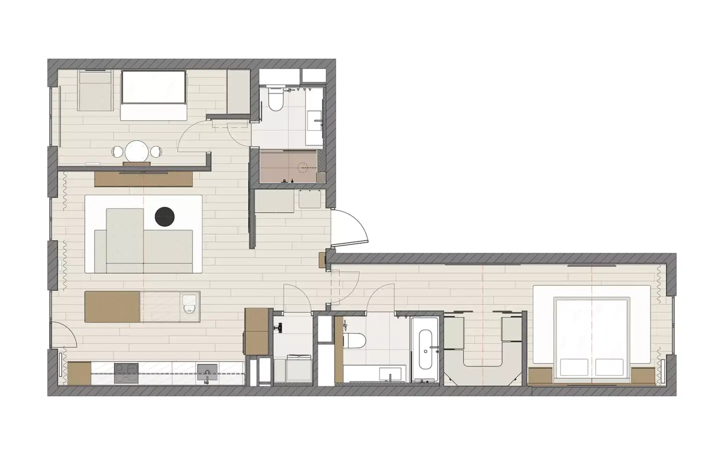 Top-down 3D floor plan of a compact two-bedroom flat with bedrooms, baths and kitchen