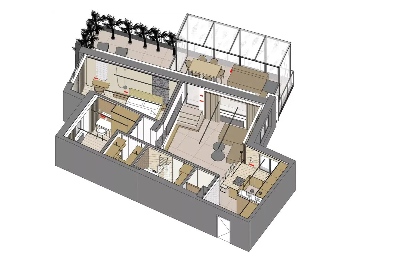 3D floor plan of a two-bedroom apartment with a glass balcony off the living area, top view