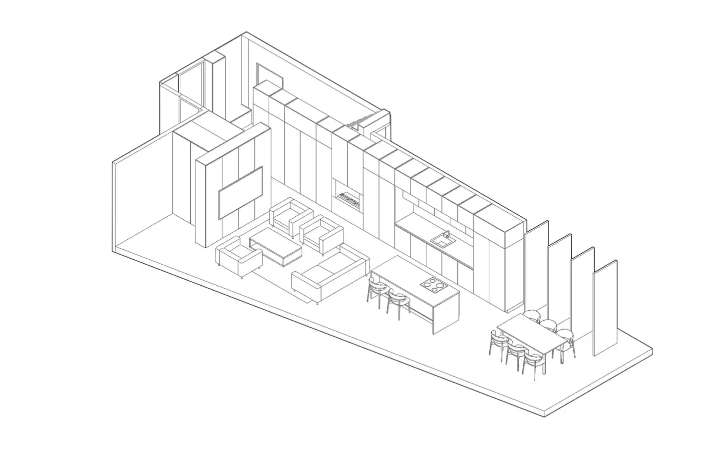 Line-style 3D floor plan of a two-bedroom house layout