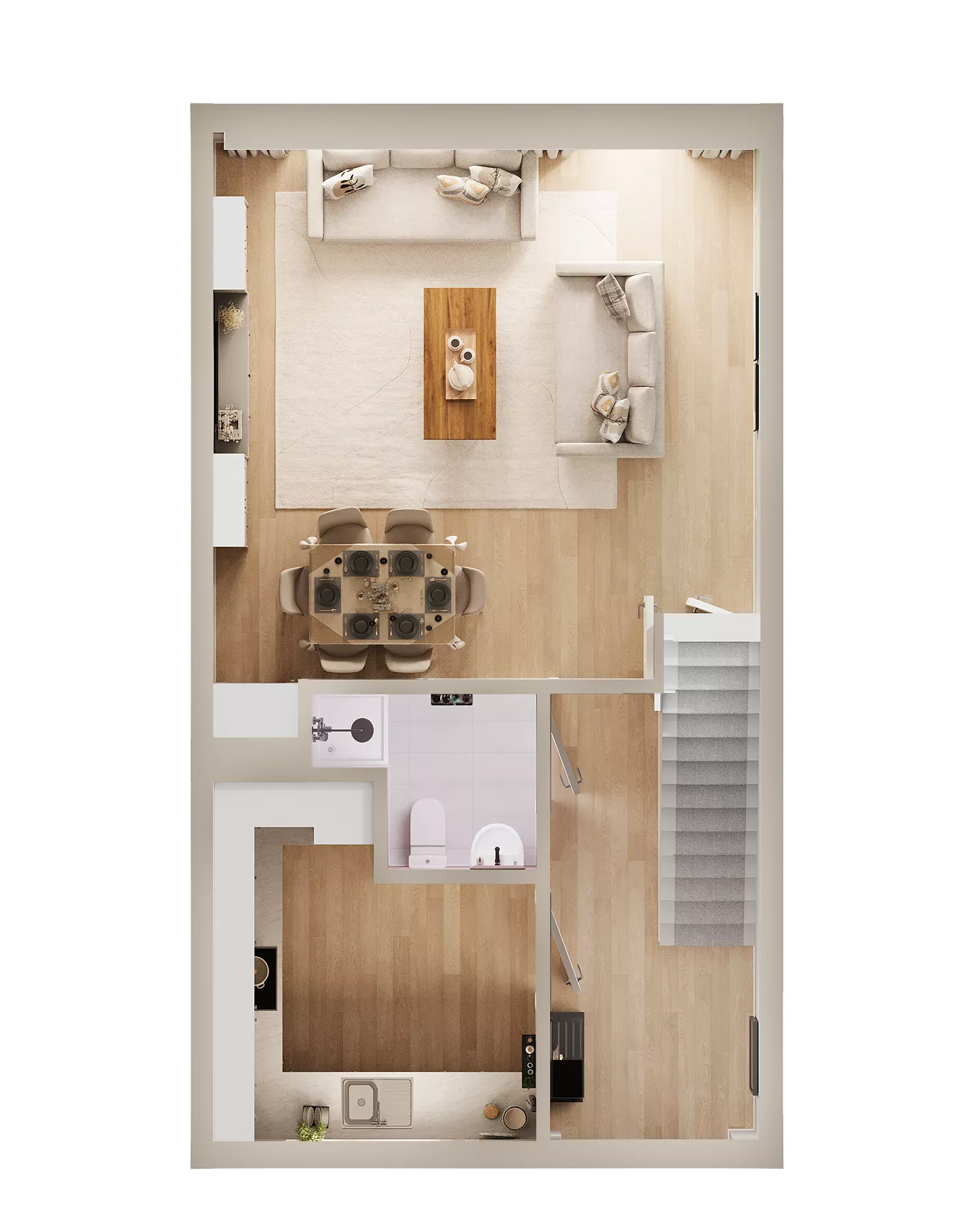 Top-view 3D floor plan of an apartment living room, dining area and staircase