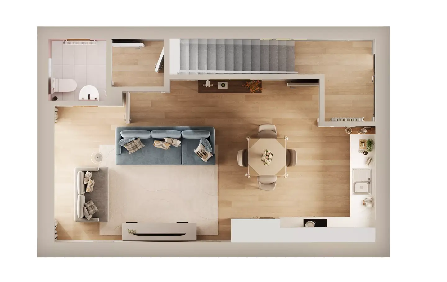 Open-concept two-bedroom house floor plan rendered in 3D