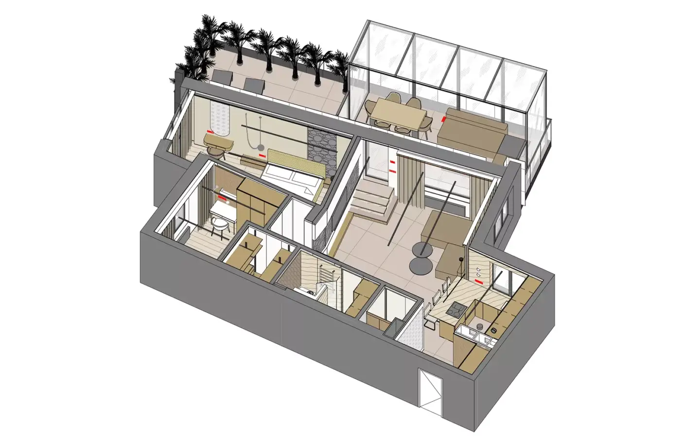 3D floor plan of a two-bedroom apartment with terrace, kitchen and two bedrooms, isometric view