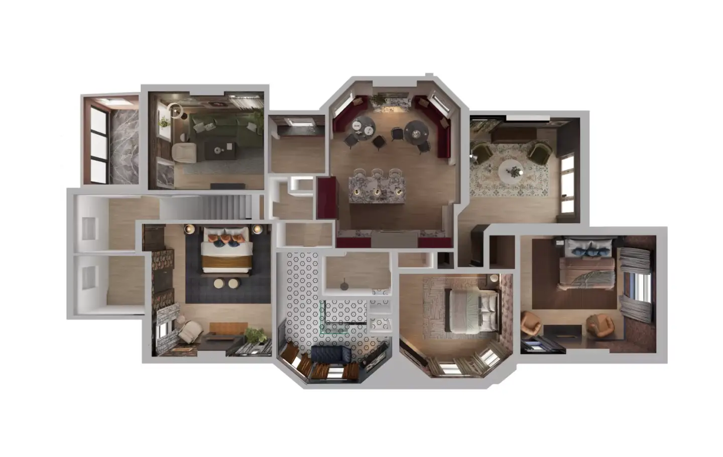 Top-view 3D floor plan of a furnished multi-room apartment layout