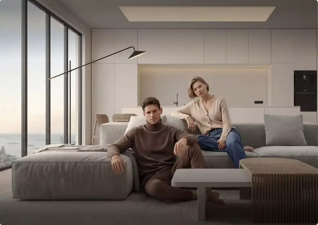 Mann und Frau auf einem Ecksofa in einem modernen offenen Wohn-Ess-Bereich, 3D-Möbelvisualisierung