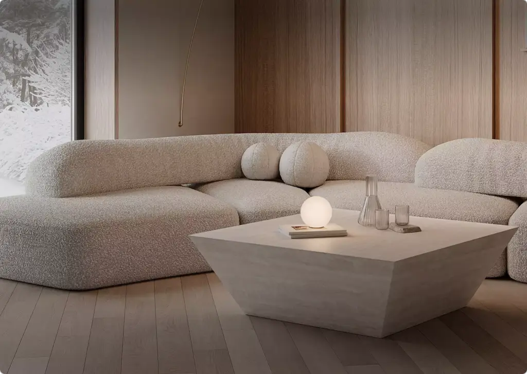 Geschwungenes Ecksofa mit Couchtisch aus Stein in modernem Wohnzimmer mit Holzpaneelen und weichem Licht, 3D-Möbelvisualisierung